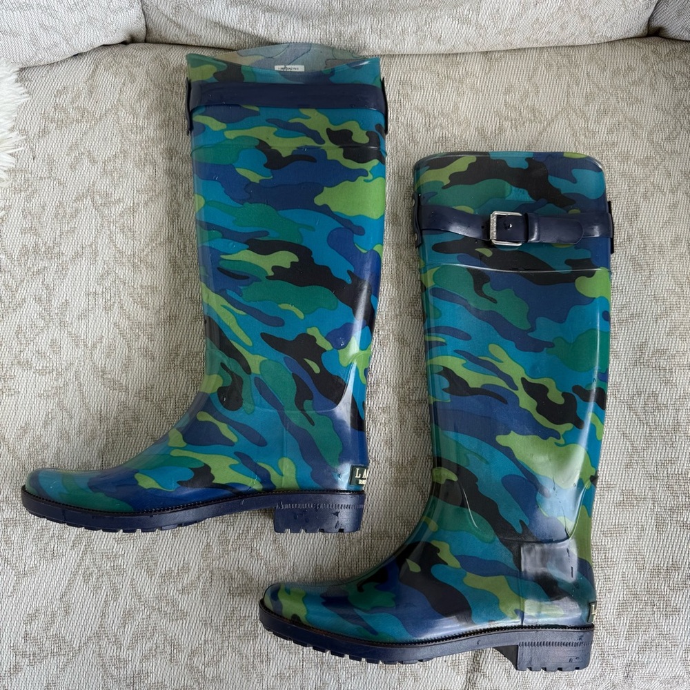 Ralph Lauren Rossalyn II Blue Green Camouflage Knee-High Rain Boots Womens 6 EUC